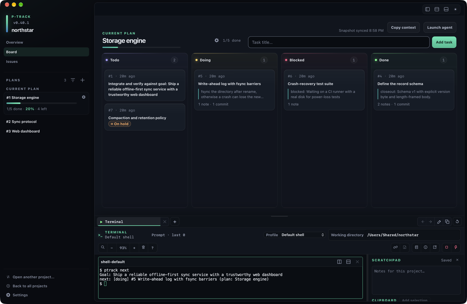p-track Desktop Board in dark mode with Todo, Doing, Blocked, and Done lanes