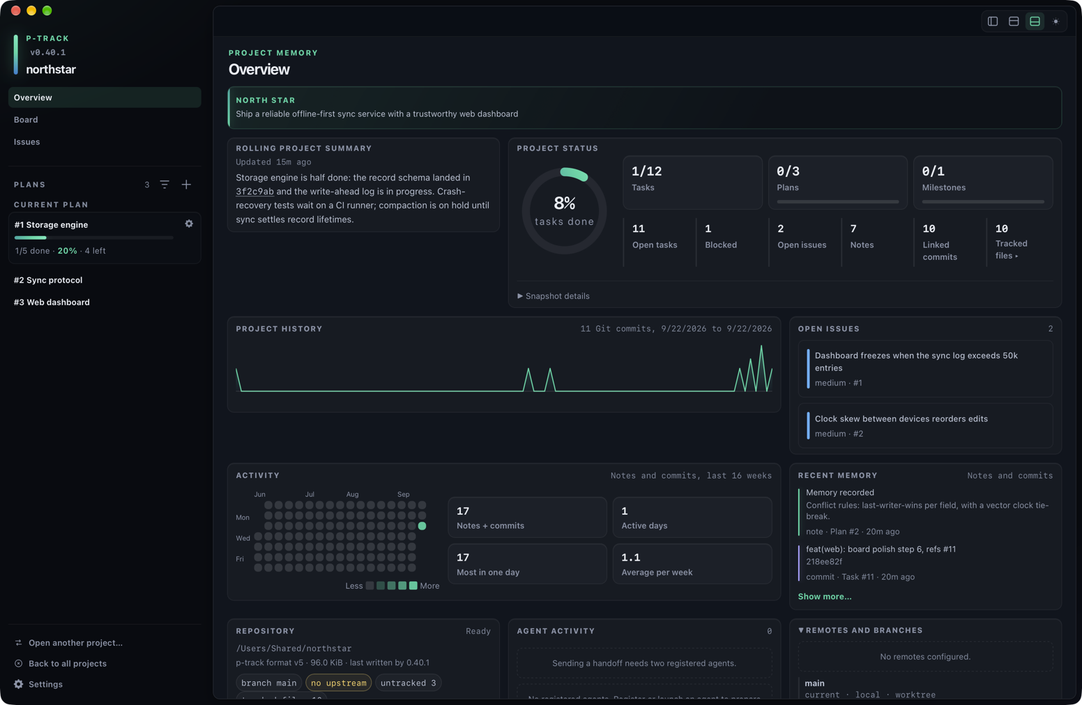 Dark p-track Overview where agent activity and handoff controls appear alongside bounded project memory