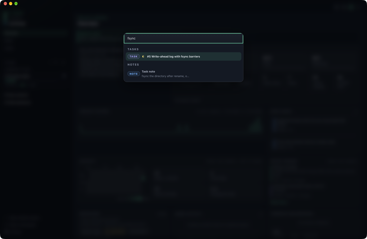 Dark p-track command palette matching a recovery query to one task and one note