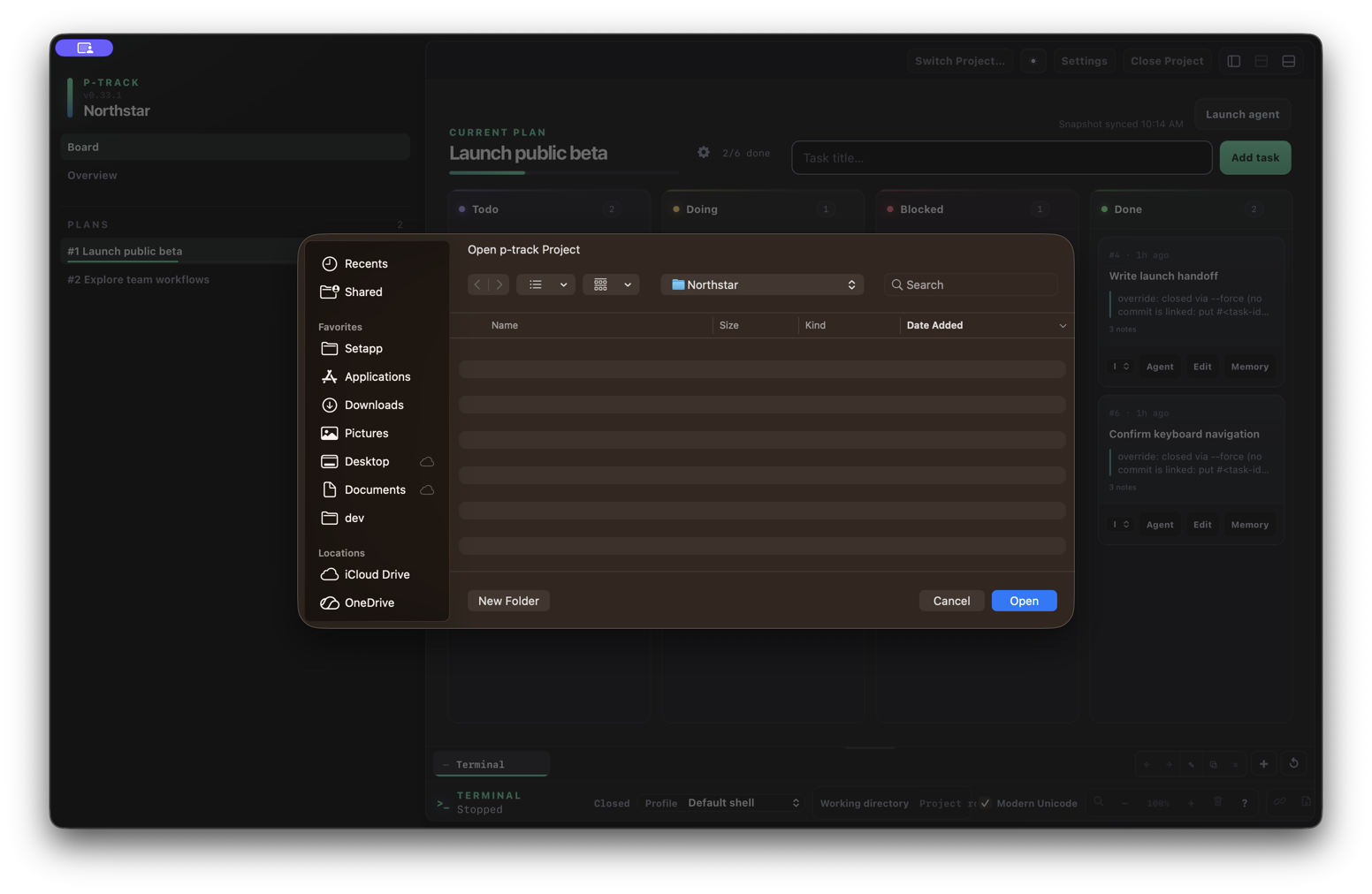Dark p-track workspace dimmed behind a confirmation that closing the project will stop one active terminal
