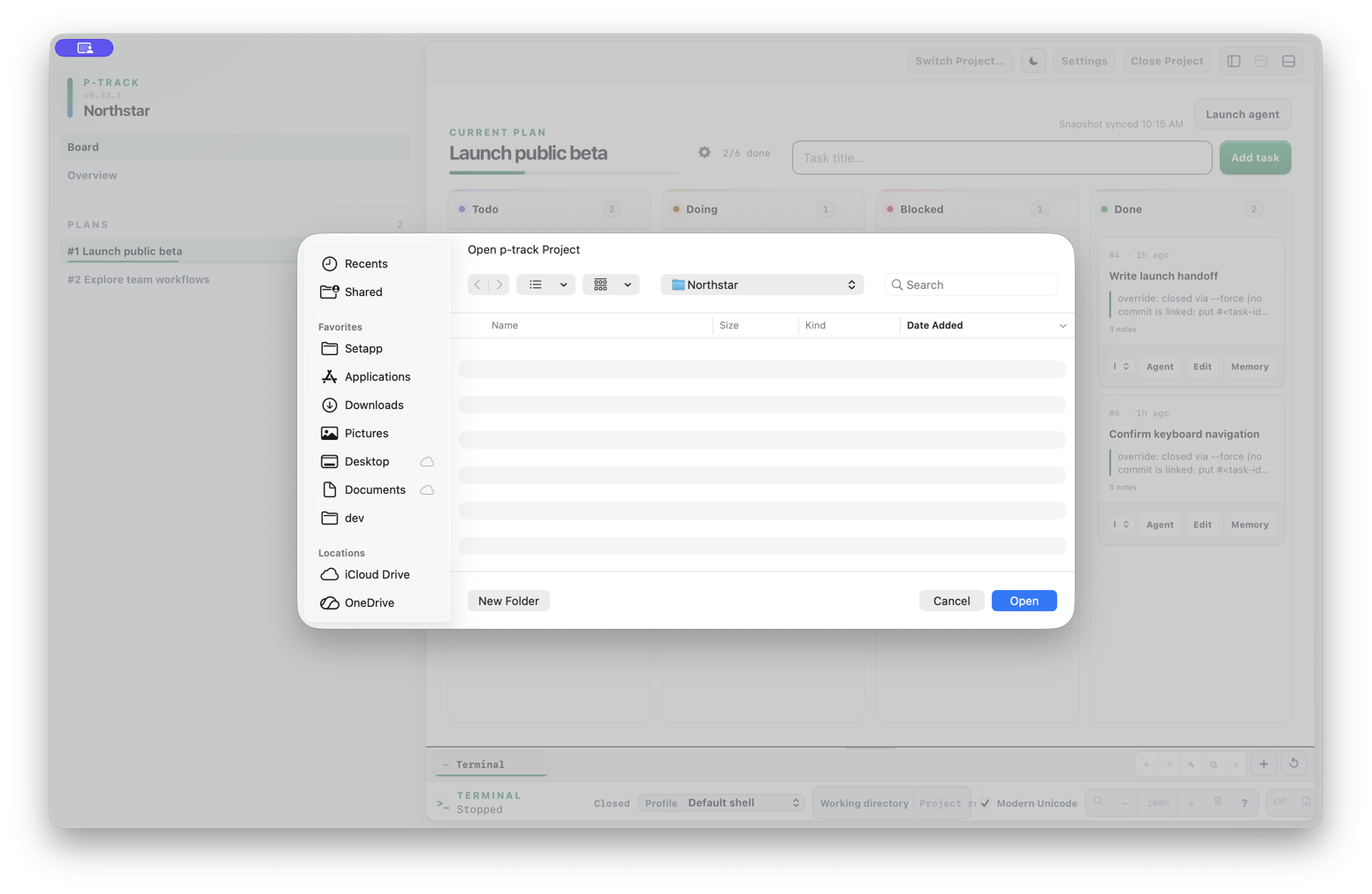 Light p-track workspace dimmed behind the same active-project-resource confirmation