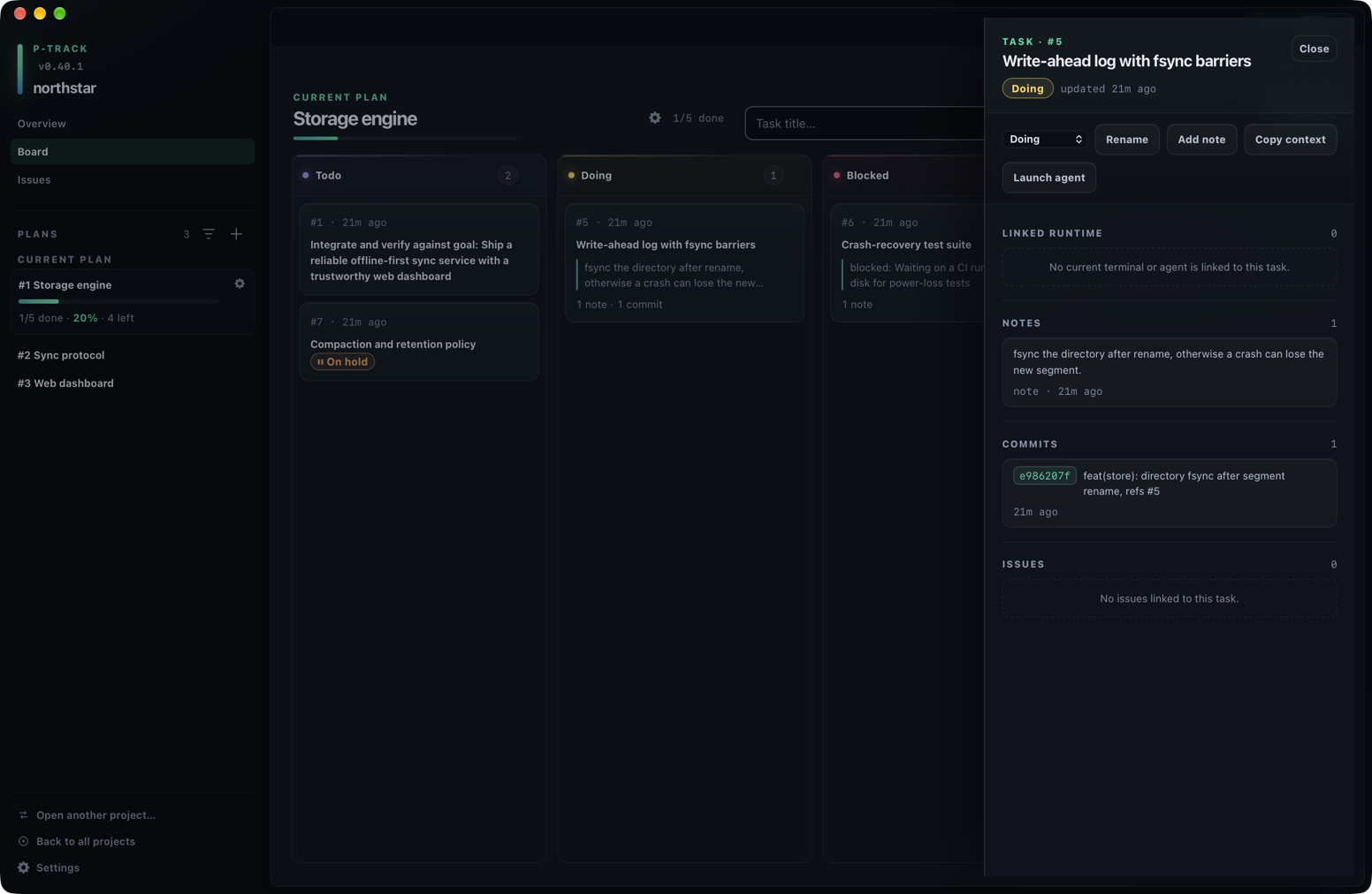 Dark p-track task drawer showing status, actions, linked runtime, notes, commits, and issues