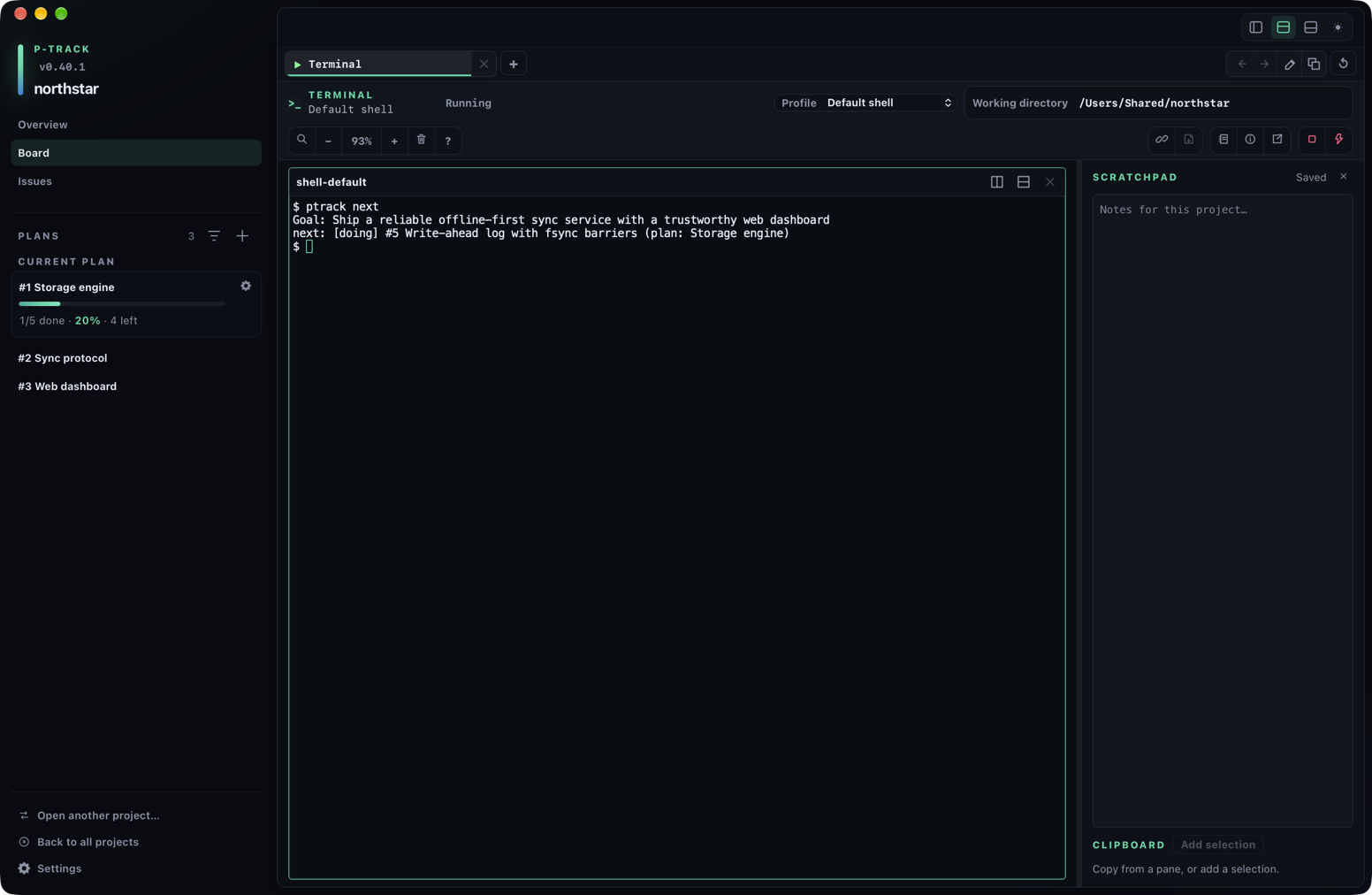 Dark p-track Board with an active terminal session in the bounded terminal dock